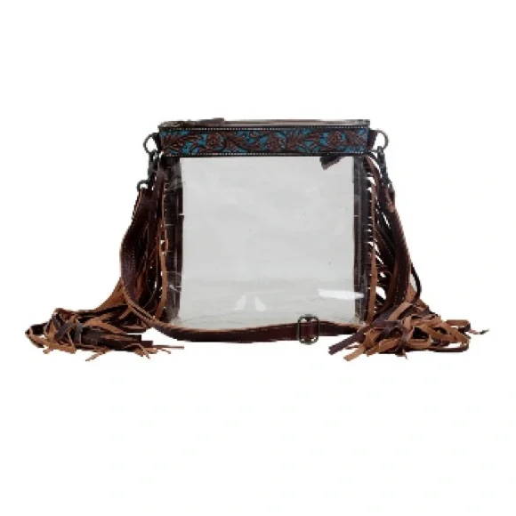 New Stadium Concert Bag Clear Adjustable Crossbody with Brown Leather Fringe - Picture 4 of 7